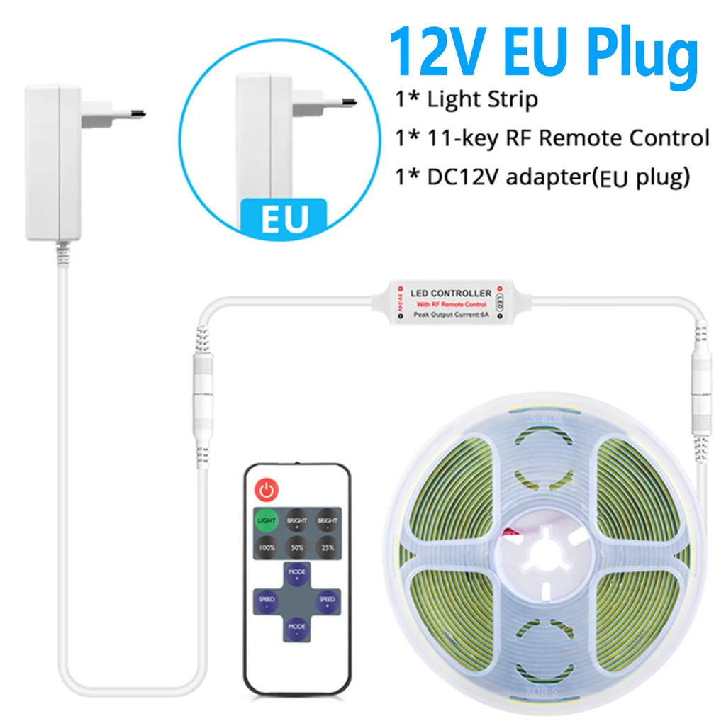 5V 12V 24V Dimmable COB LED Strip USB Plug/EU Plug RF Remote Control 320LEDs/M Kitchen Living Room Backlight Decor Night Light Oasis Select DC12V EU Plug Natural White 5m lamp kit