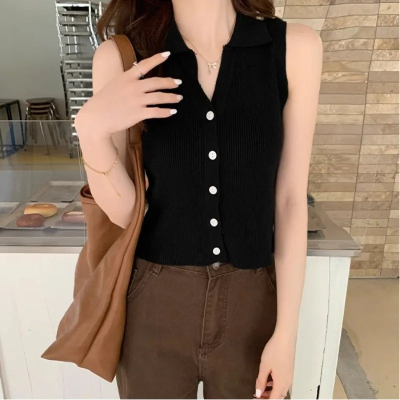 Lapel Ice Silk Slim Fit Vest for Women Summer Early Fall Thin Knit Tank Top Sleeveless Short Sleeve Casual Layering Outwear Oasis Select