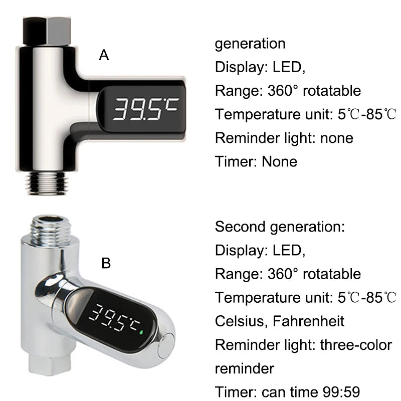 LED Display Household Water Shower Thermometer 5-85℃ Flow Self-powered Water Thermometer Monitoring Baby Care Energy Smart Meter Oasis Select