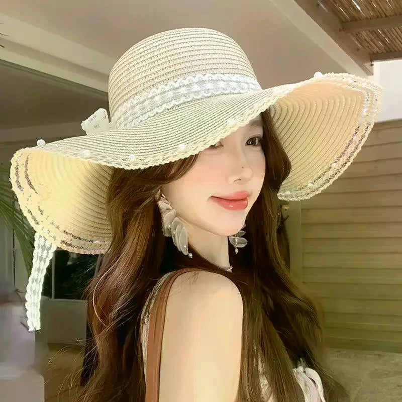 Women Bow Decor Oversize Big Brim Straw Hat Summer Outdoor Sun Block UV Protection Hat Lightweight Breathable Beach Headwear Oasis Select