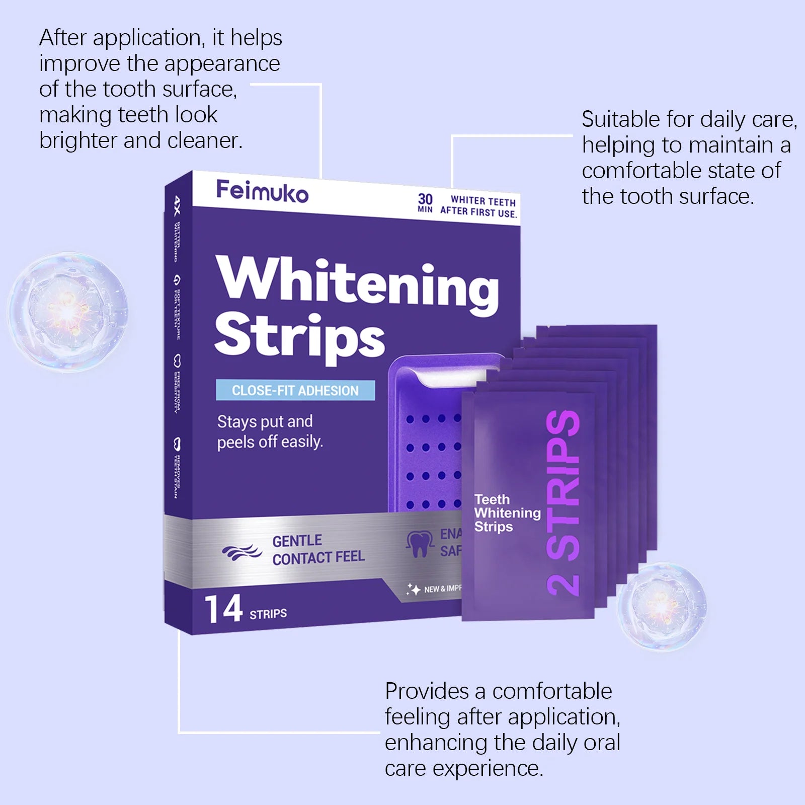 Purple Teeth Brightening Strips – Mint, Enamel Safe | 14 Strips