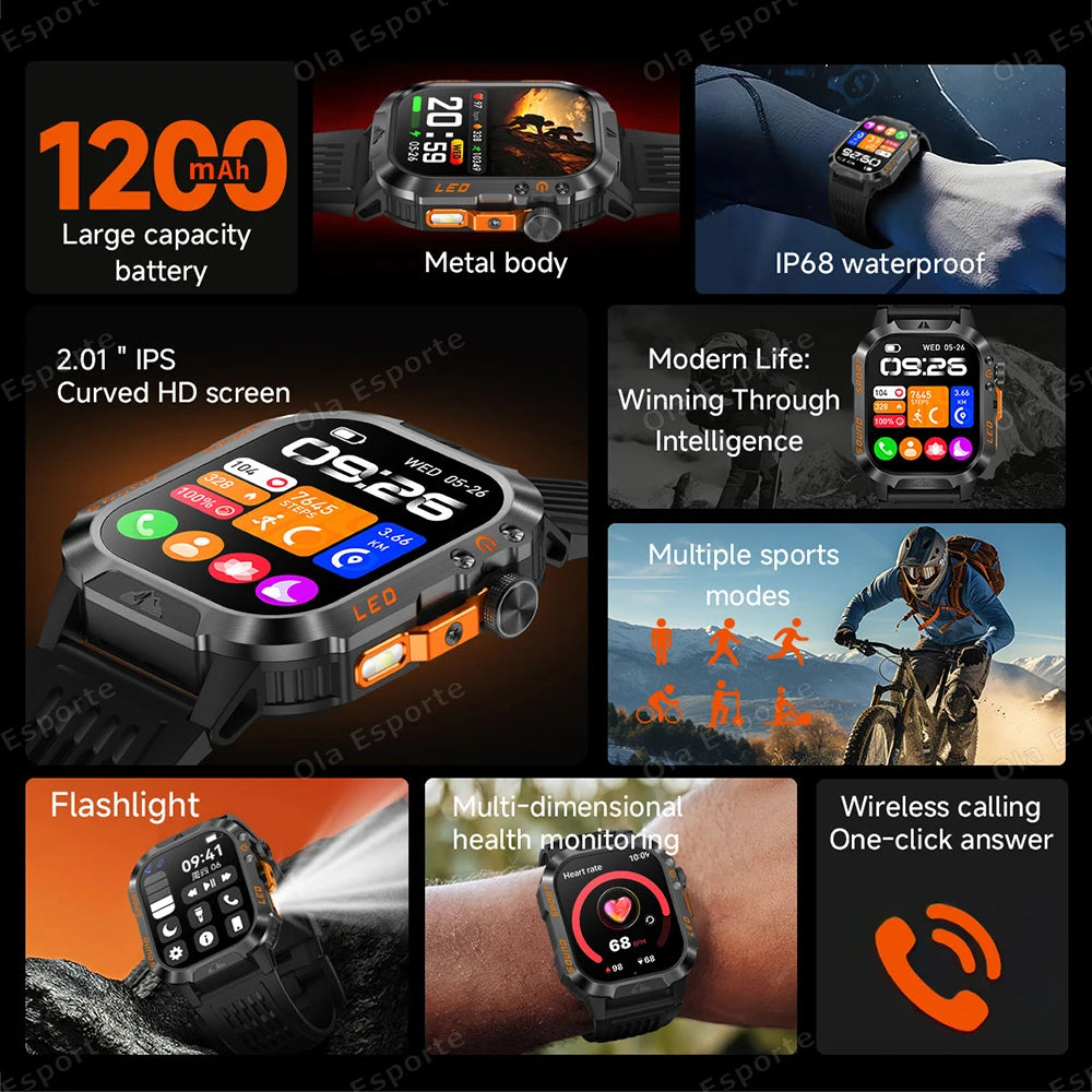 Ola Esporte Military Smart Watch Men – 1200mAh, SOS, IP68