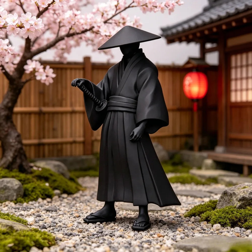 Wandering Ronin Statue Japanese Straw Hat Samurai Sculpture, Oriental Bushido Desktop Ornament for Study Room Home Decor Gift Oasis Select