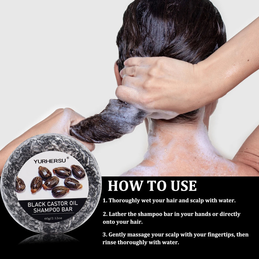 60g Black Castor Shampoo Bar 2-in-1 Shampoo and Conditioner, made with castor extract, nourishes and cares for all hair types. Oasis Select