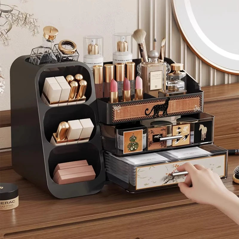 Dressing Table Storage Box Desktop Antique Style Cosmetics Dust-proof Drawer Style Organizing Box Lipstick Storage Rack Oasis Select