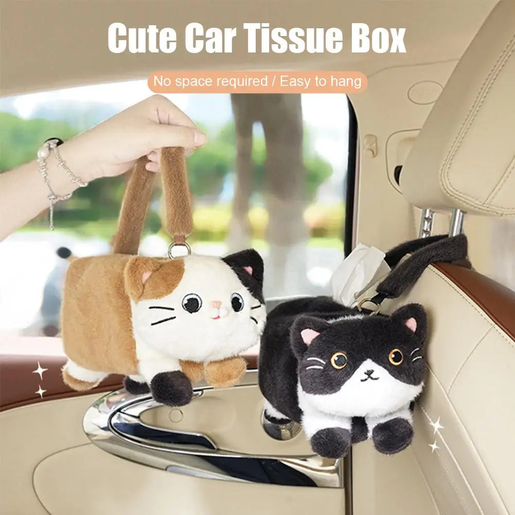 Cute Cat Plush Car Tissue Box Holder – Hanging Dispenser