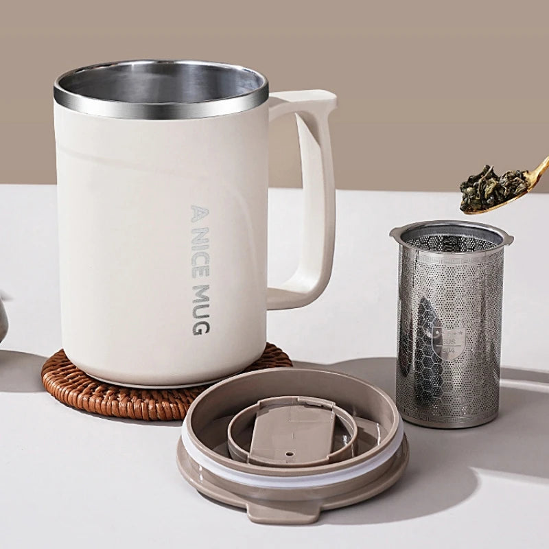 450ML Stainless Steel Insulated Coffee Mug with Detachable Tea Strainer, Leak-Proof Lid, and Handle - Double-Walled Thermal Cup Oasis Select