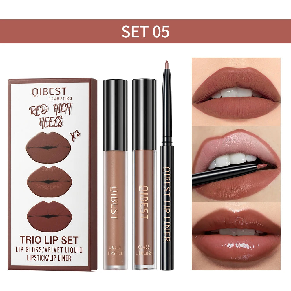 QIBEST 3-in-1 Matte Lipstick, Lip Liner & Gloss Set