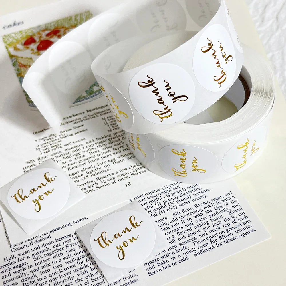 500 pcs/roll 1 inch hot stamping thank you stickers for gift wrapping, envelope sealing, corporate office supplies, Diy decorati Oasis Select WHITE