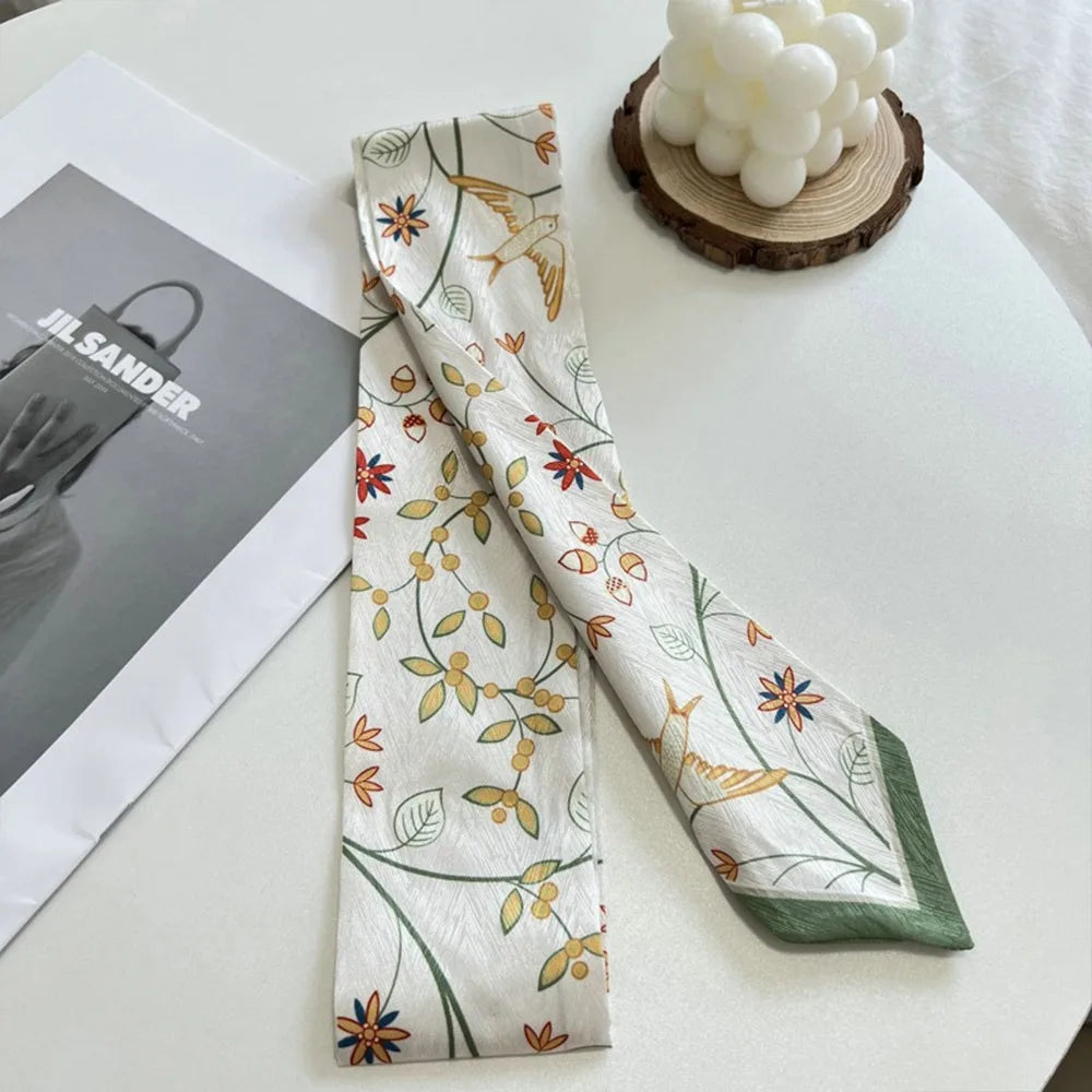 Summer Versatile Satin Silk Ribbon Scarf Fresh Floral Long Thin Bag Strap Narrow Fashion Accessory for Women Oasis Select 14