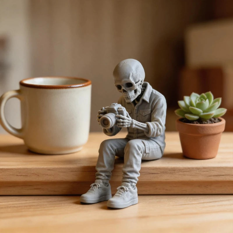 Spooky Skeleton Photographer Mini Figurines Sitting Ornaments Decorations for Desktop Bookshelves Gothic Home Photographer Gifts Oasis Select