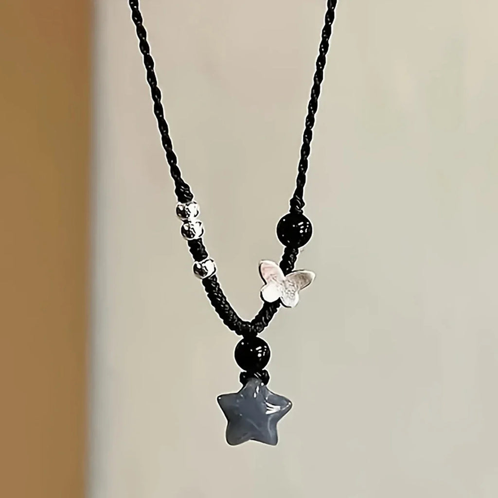 Vintage Black Rope Chain Short Necklace Korean Acrylic Star Pendant Necklace Women's Casual Fashion Party Jewelry Oasis Select Black
