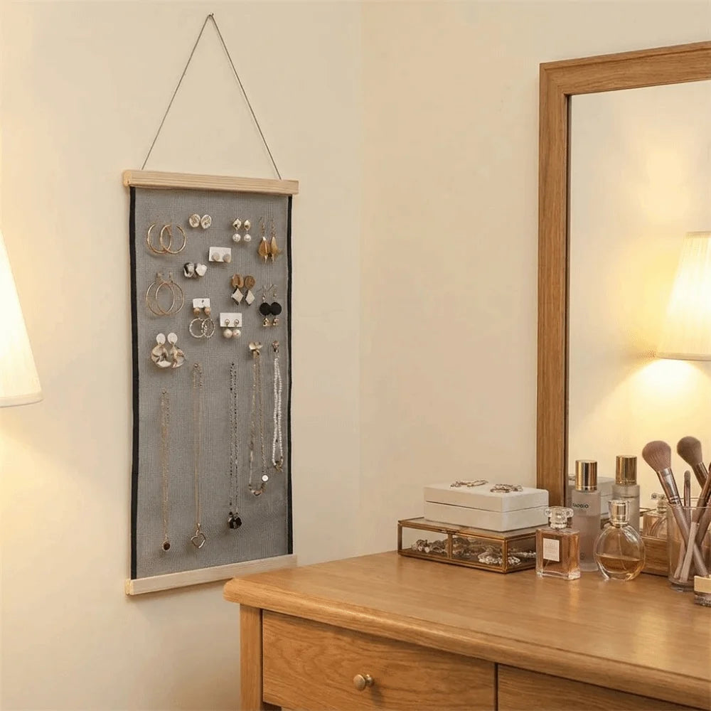 Wood Frame Mesh Grid Jewelry Hanging Display & Storage Rack