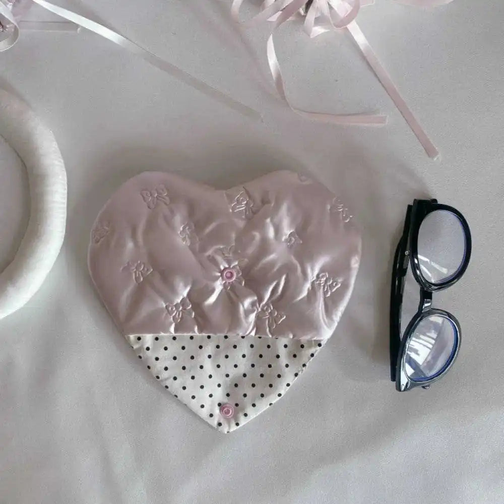 Glasses Pouch Bow Embossed Heart Pink PU Leather With Patterns Heart Shaped Eyewear Storage Case Bow Pouch Eyewear Accessory Oasis Select