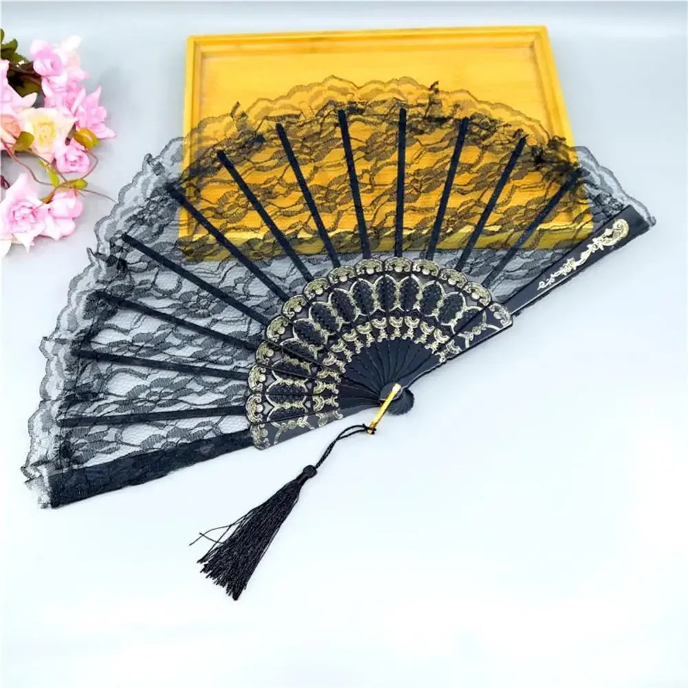 23 Colors Lace OR Cloth Spanish Fabric Silk Folding Hand Held Dance Fan Flower Party Wedding Prom Dancing Summer Fan Accessories Oasis Select Black B