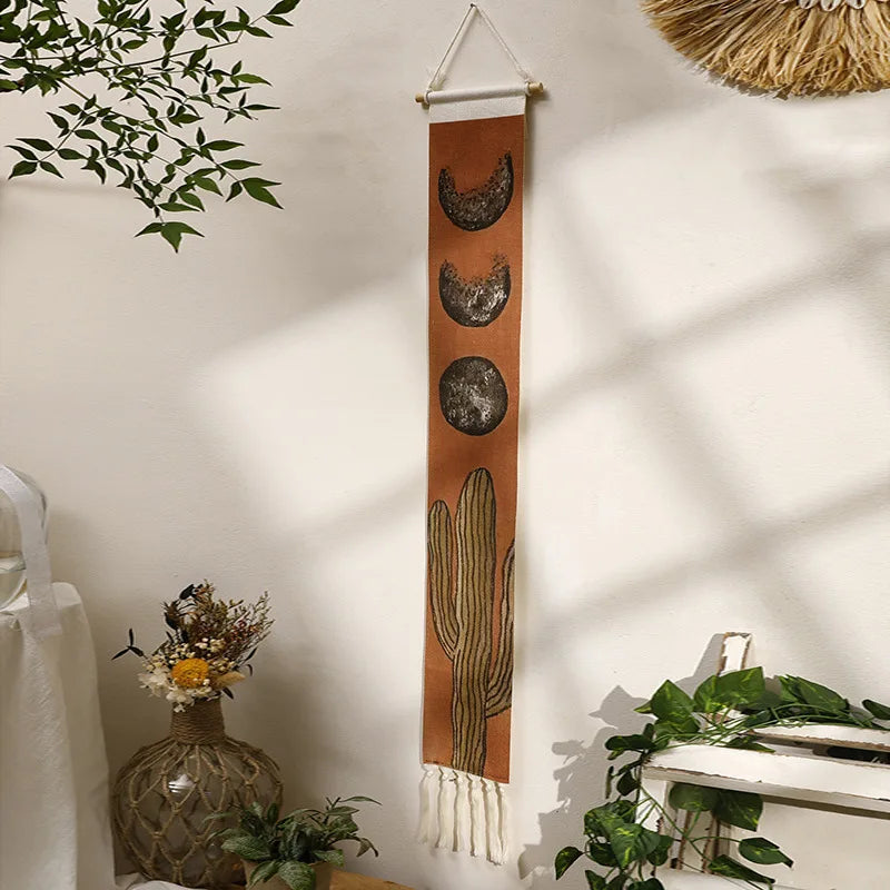 Handwoven Sun and Moon Cactus Tassel Tapestry Simple Studio Bedroom Living Room Background Wall Decoration Wall Decor Oasis Select