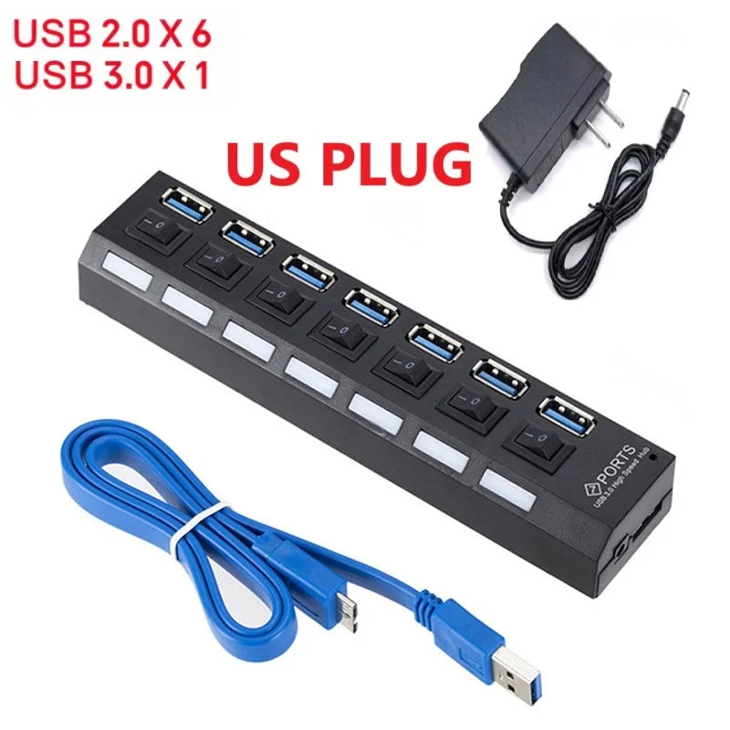4/7 Port USB 3.0 Hub USB Multi USB 3.0 Hub Multiple Port Hub Splitter With Power Adapter Computer Accessories Hub For PC Oasis Select 7 port with US PLUG