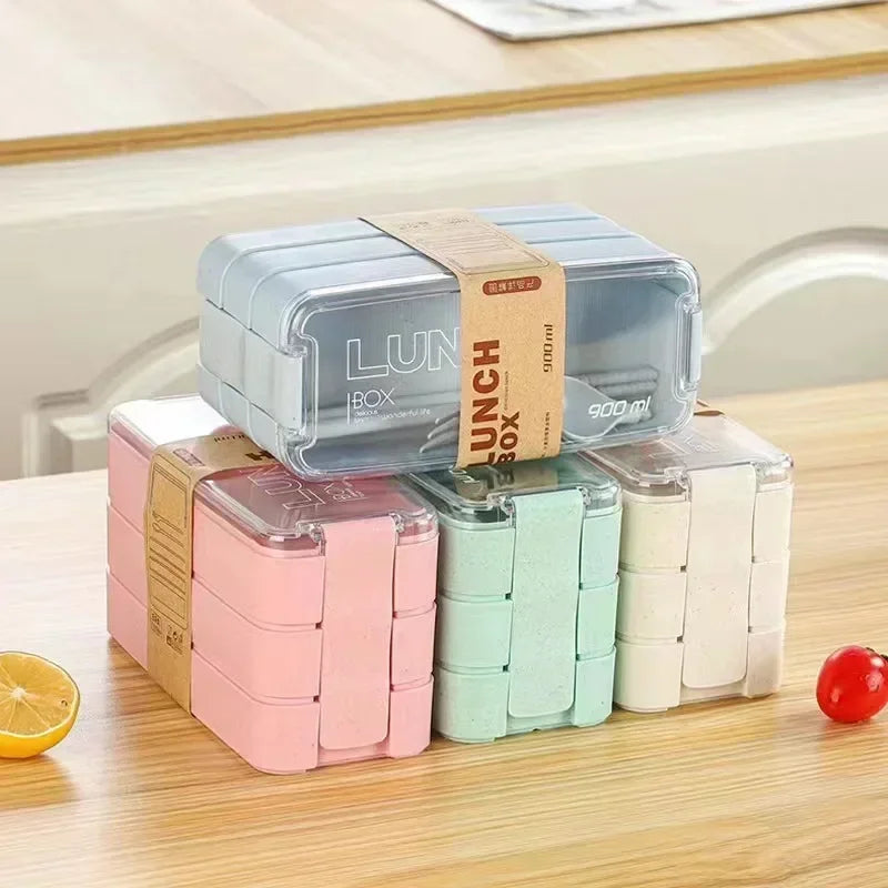 3 in 1 Wheat Straw Bento Box Reusable Portable Lunch Container Compartment Meal and Snack Food Storage Tableware Set Oasis Select