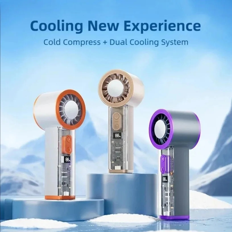 2026 New Transparent Semiconductor Cooling Handheld Fan 100 Speed Cold Compress 2000mAh Brushless Motor LED Light Portable Fan Oasis Select