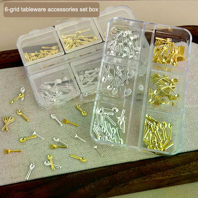 6 Grids/Box Mix Gold Silver Mini Forks Spoons Tableware Alloy Nail Art Rhinestones Decorations Manicure Cure Charms Accessories Oasis Select