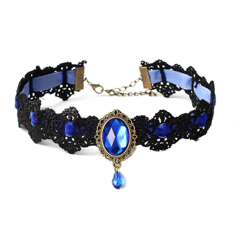 Black Lace Necklace Collar Choker Velvet Crystal Vintage Gothic Chain Pendant Oasis Select Dark blue
