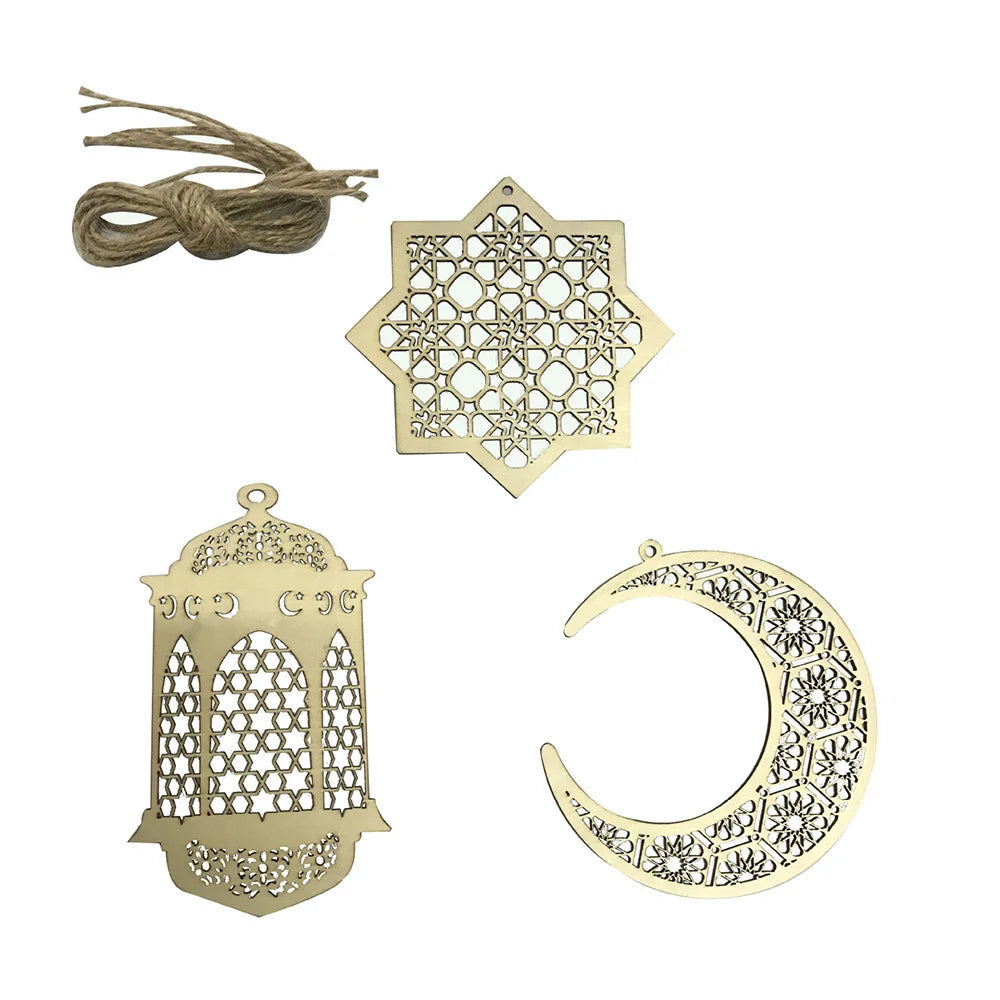6 Pieces Wooden Hollow Pendant Ornaments For Eid Al-Fitr Ramadan Festival DIY Home Garden Decor Natural Craft Hanging Set Oasis Select
