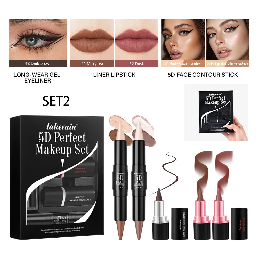 5D Perfect Makeup Set With Contouring Stick Eyeliner And Lipstick Long Lasting Sweat-proof Pigment Women Makeup Facial Combo Oasis Select SET 2