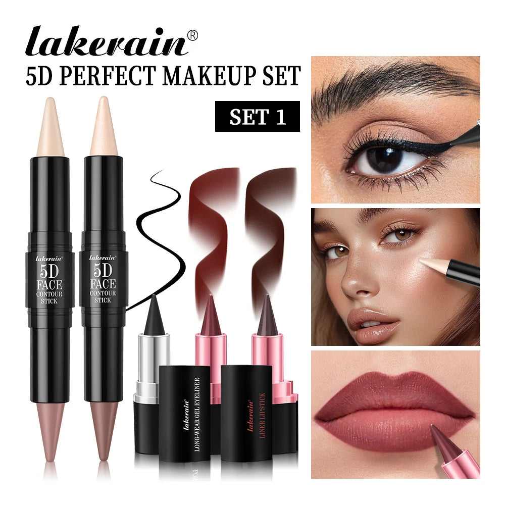 5D Perfect Makeup Set With Contouring Stick Eyeliner And Lipstick Long Lasting Sweat-proof Pigment Women Makeup Facial Combo Oasis Select