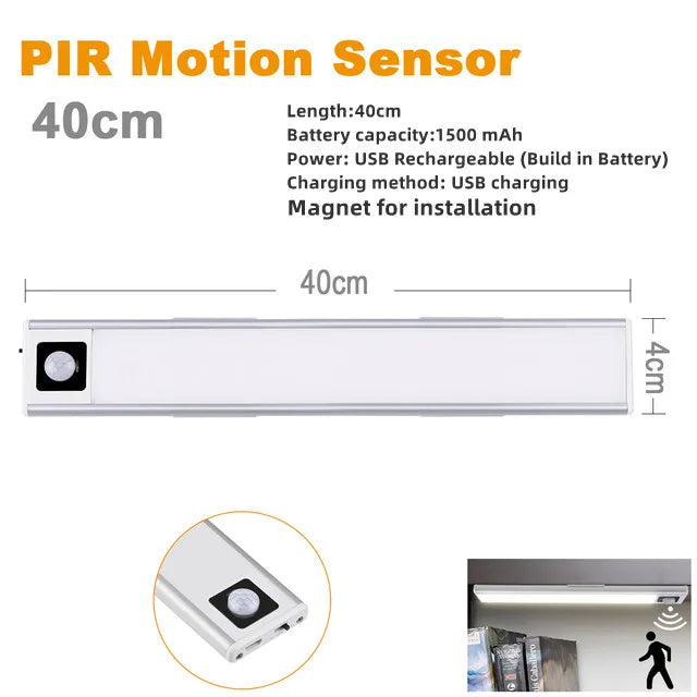 USB Rechargeable Bar Light Hand Sweep Sensor/PIR Motion Induction Kitchen Stair Hallway Night Lighting 20cm/40cm Magnetic Mount Oasis Select Warm White 40cm Motion Sensor