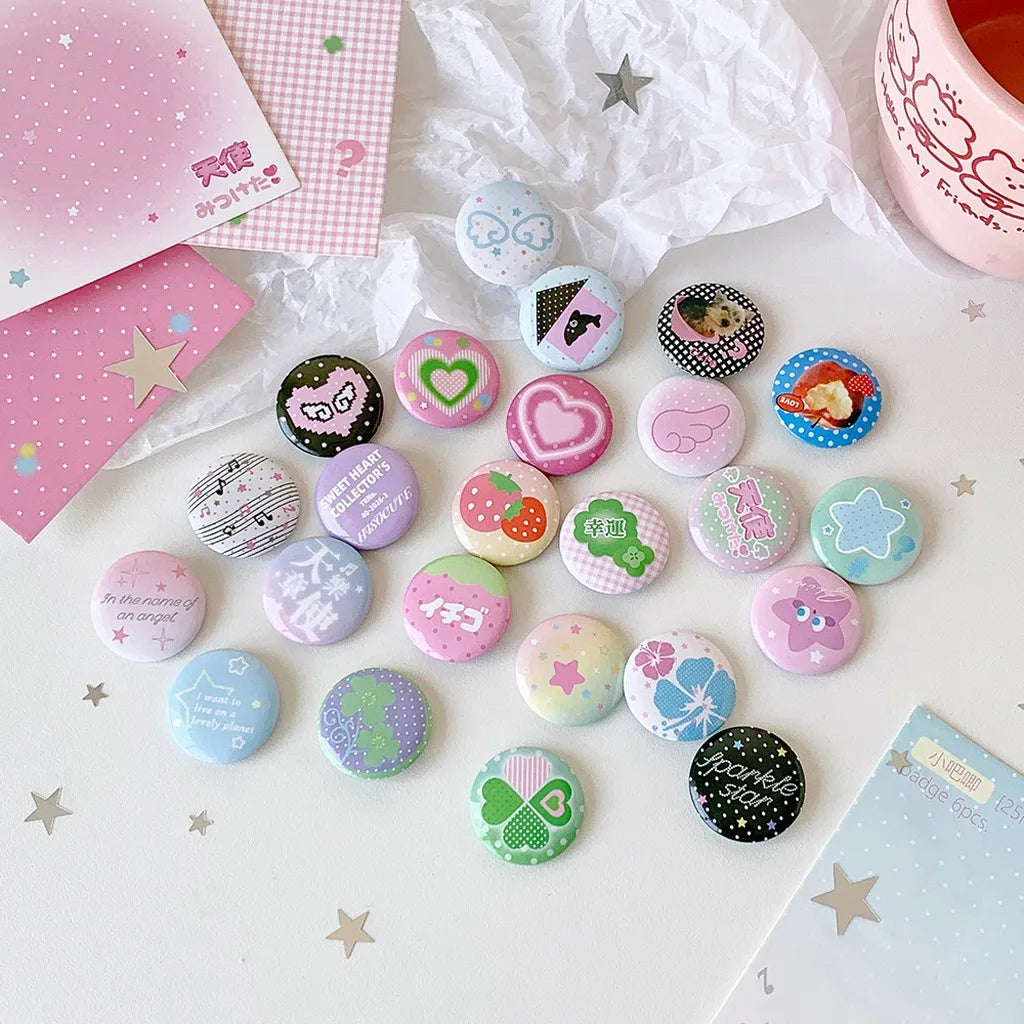 6Pcs/Set Kawaii Ins Style Mini Badge Pins Cute Printed Round Brooch for Backpack Clothing Hat DIY Decoration Stationery Gifts Oasis Select