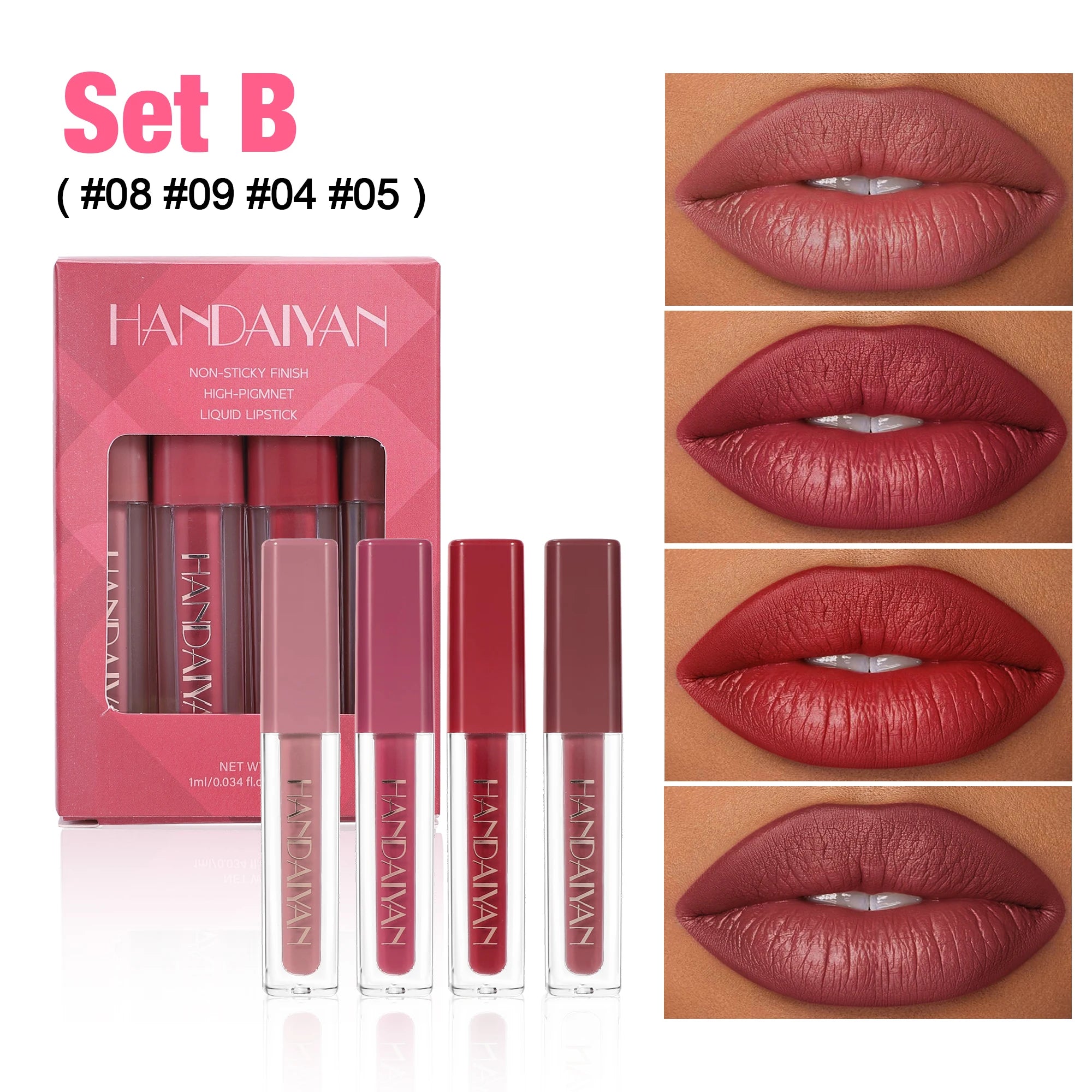 Handaiyan 4pc Velvet Liquid Lipstick Set – Waterproof Lip Gloss