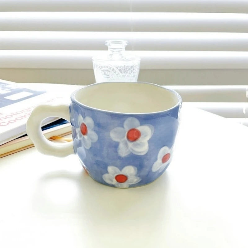 Ceramic Mug Espresso Coffee Cup Hand Drawing Underglaze Color Small Flower Rainbow Grid Ceramic Mug Breakfast Milk Tea Cups Oasis Select White flowers 301-400ml