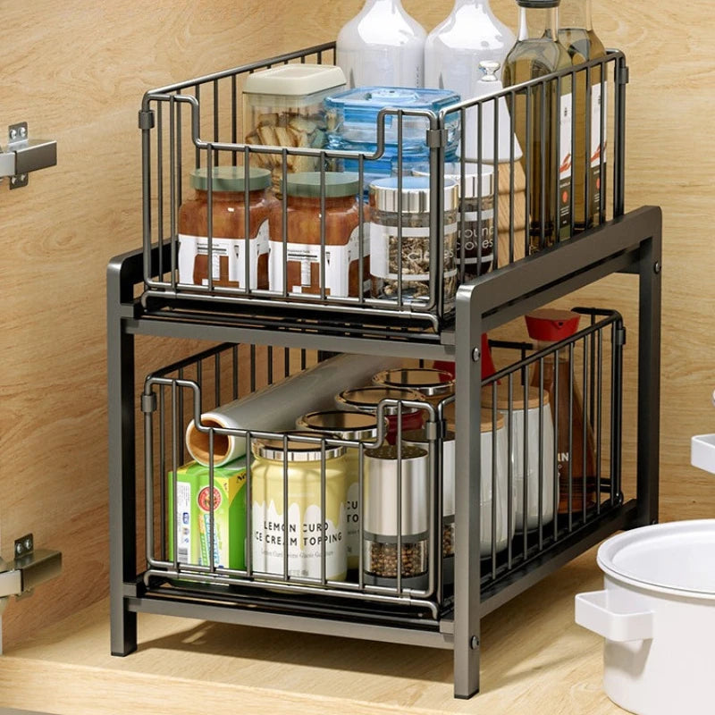 Cabinet drawer rack, kitchen supplies storage basket, layered seasoning, under dishes, sink, pull storage box Oasis Select