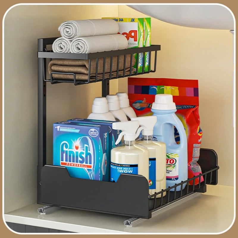 Kitchen Sink Lower Shelf Storage Pull Basket Two-way Guide Rail Bathroom Toilet Cabinet Layered Pull Basket Oasis Select