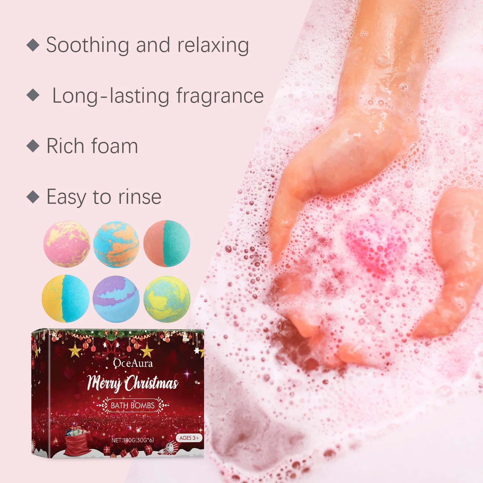 Christmas Bath Bombs Gift Set Exfoliating Relax Stress Aromatherapy Gentle Cleaning Soothing Moisturizing Body Skin Care 6PCS Oasis Select