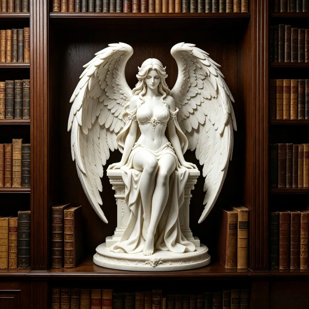 Graceful Sitting Winged Goddess Sculpture Neoclassical 3D Printing Angel Figurine Layered Feather Wings Tabletop Decor Oasis Select
