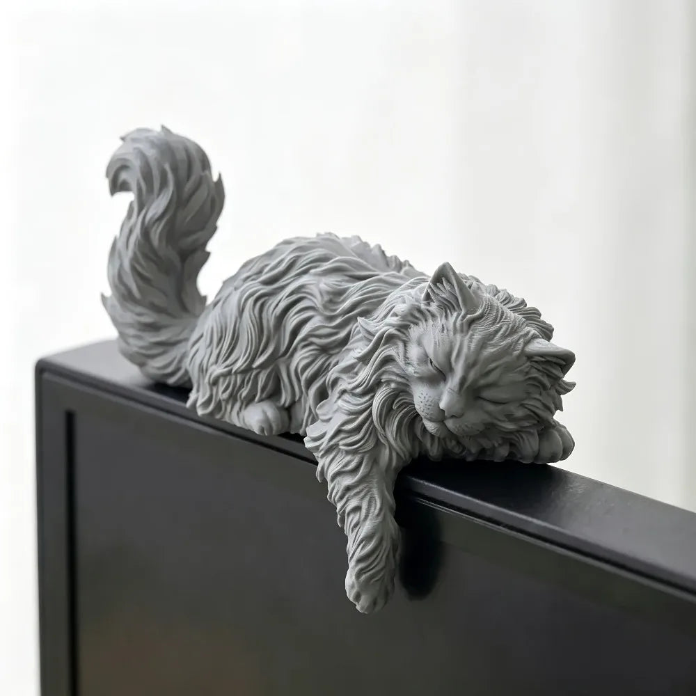 Cute Long Hair Sleeping Cat Figurine 3D Printed Mini Pet Computer Monitor Hanging Decor Desk Ornament for Home Office Decor Gift Oasis Select
