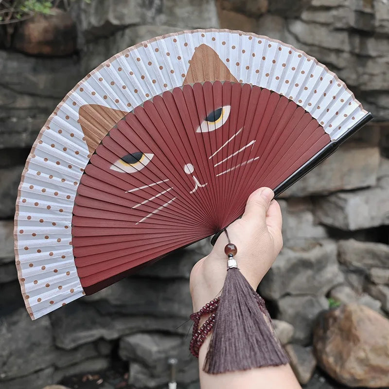 Chinese Style Summer Gift Cat Patterns Handmade Cartoon Home Decoration Silk Fan Folding Fan Fan Crafts Portable Bamboo Fan Oasis Select