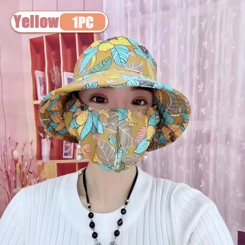 1-2PCS Women‘s Sun Hat with Face Mask UV Protection Summer Cycling Cap Breathable Quick Dry Outdoor Hiking Visor Oasis Select Yellow-1PC
