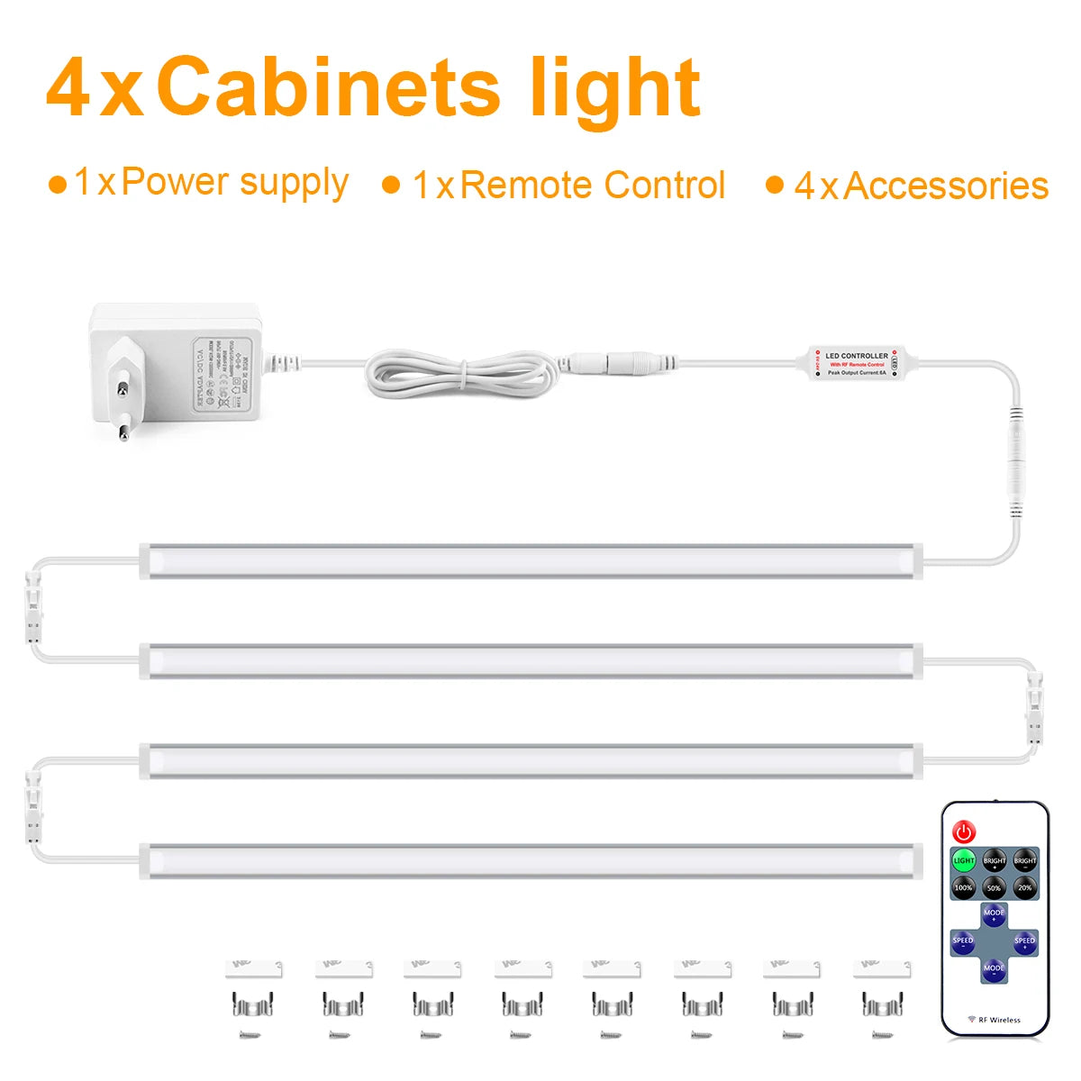 30/40/50CM Linkable Aluminium LED Tube Dimmable RF Remote Control Cabinet Light Bar Kitchen Wardrobe Storage Showcase Backlight Oasis Select 4PCS LED Light Bar WHITE 50cm|USA Power Plug