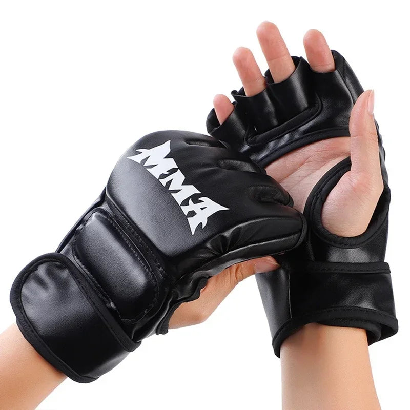 Professional Boxing Training Gloves Half Finger Leather Cushion for Adult Sanda Boxing UFC Training Sandbag Knuckles Oasis Select black