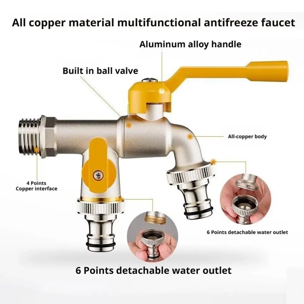Brass Dual-Outlet Garden Faucet | 1/2" & 3/4" Ball Valve Tap
