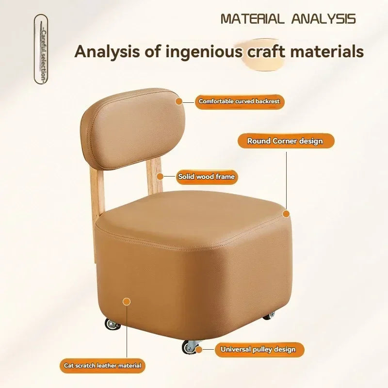 Small stool, household low stool, universal wheel, solid wood small chair, pulley, movable sliding chair, wooden backrest, squar Oasis Select