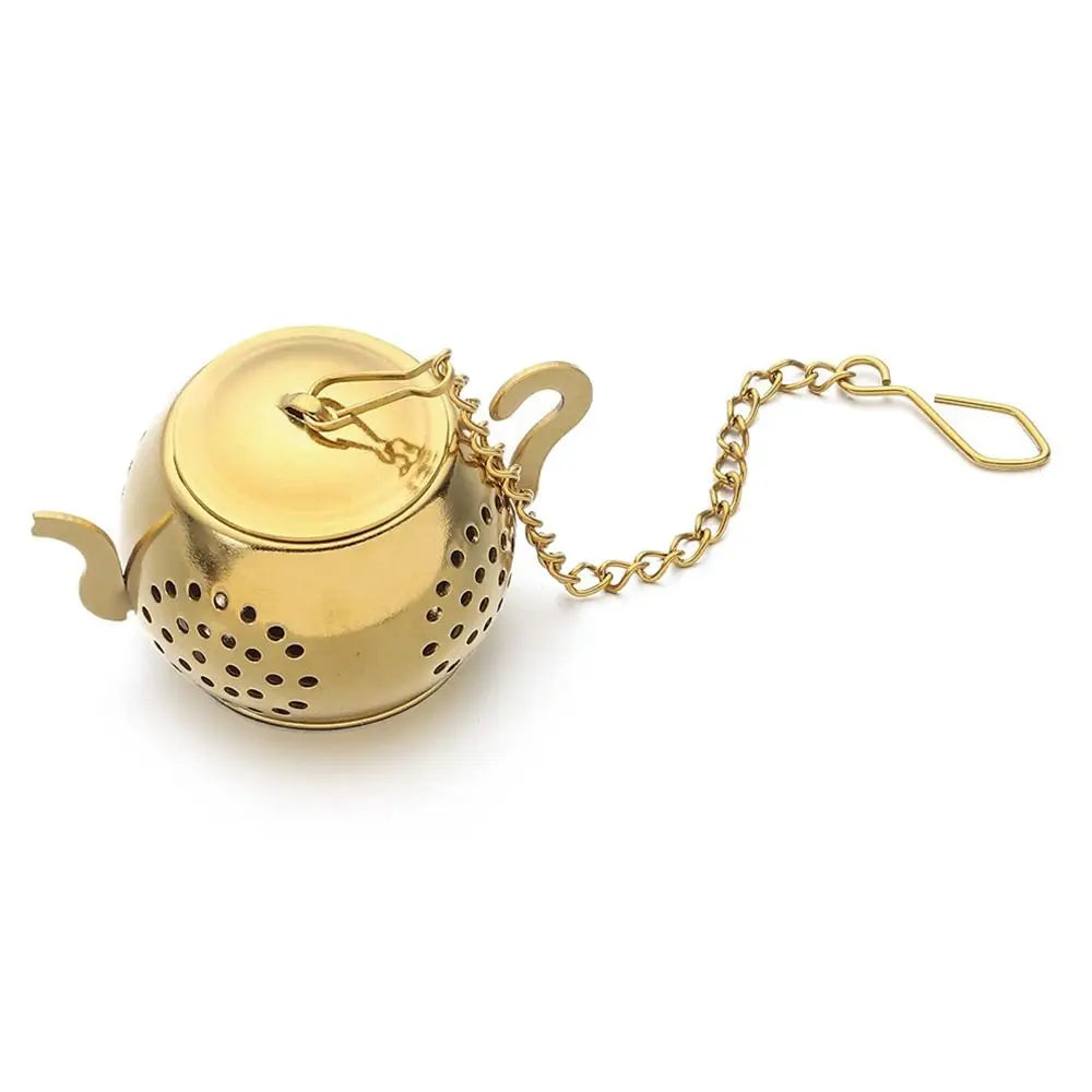 Stainless Steel Teapot Shape Herbal Spice Filter Diffuser Tea Strainer Loose Tea Infuser with Chain Kitchen Gadget Teaware Oasis Select gold