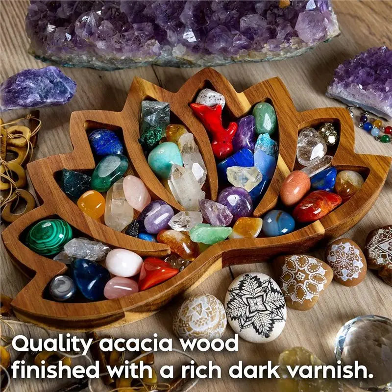 ~WISH Healing Stones, Gems-Lotus Crystal Display Tray-11" X 7" Wooden Rock Bowl, Crystal Holder-Showcase Oasis Select