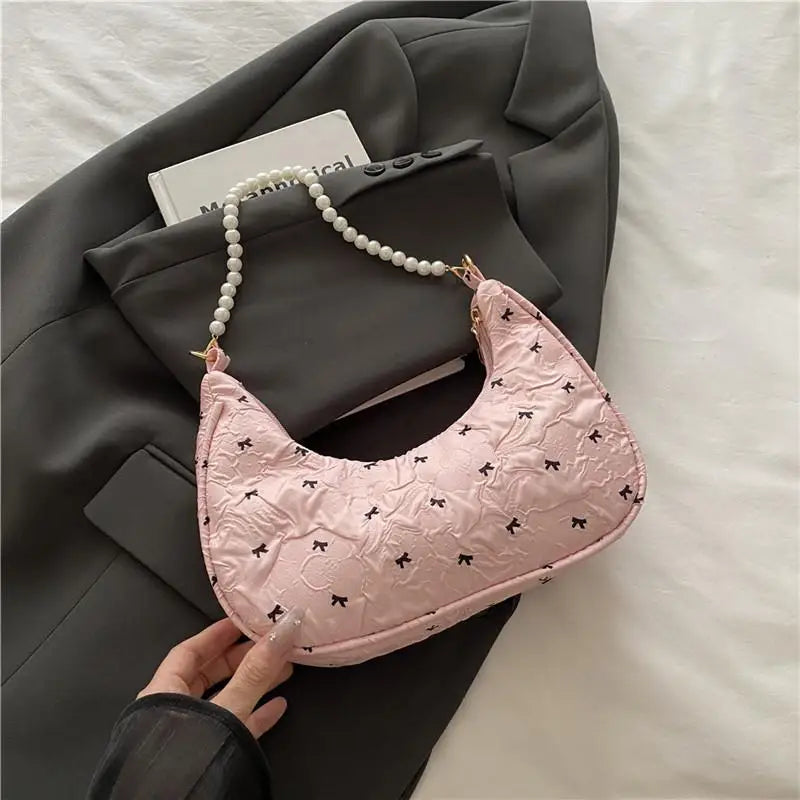 Women's Wrinkled Bow Baguette Shoulder Bag | Elegant Handbag