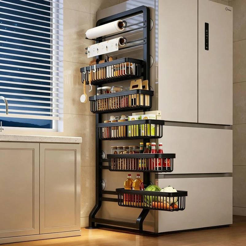 Kitchen refrigerator side storage rack, two-way pull-out crack storage rack, multi-functional narrow-side floor seasoning rack Oasis Select