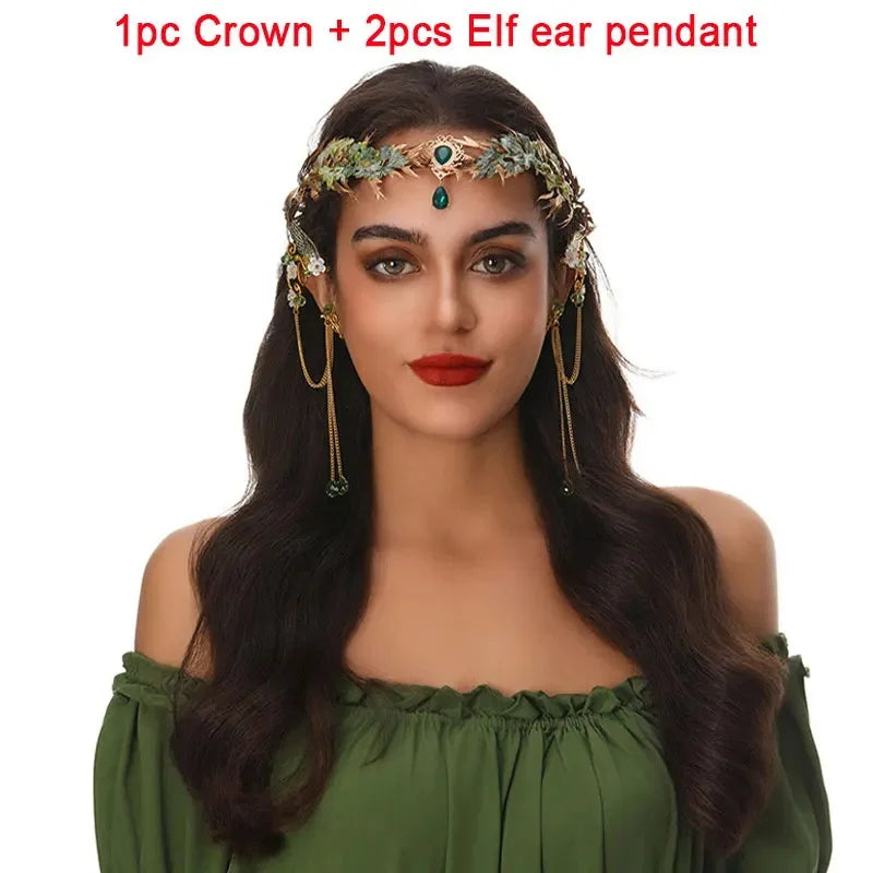 Retro Elf Crown Fairy Leaf Tiara Elf Ears Pendant Forest Garland Women Elven Princess Headpiece Wedding Halloween Hair Jewelry Oasis Select 4