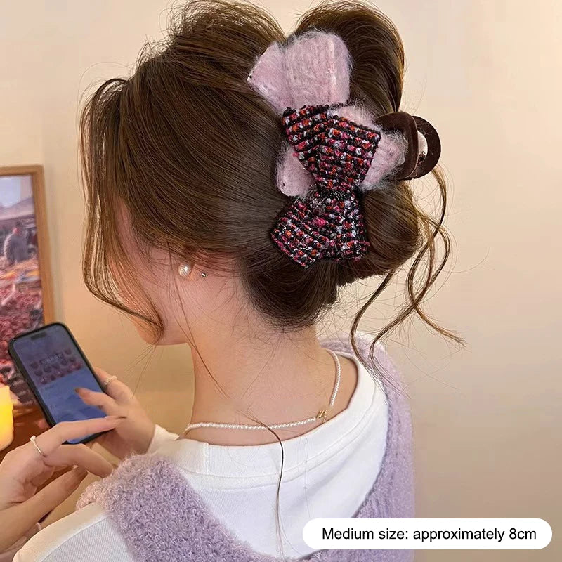 Retro Autumn And Winter Wool-blend Color-block Double Bow Hair Clip For Women Girls Large Shark Clip Hair Accessories Oasis Select A8