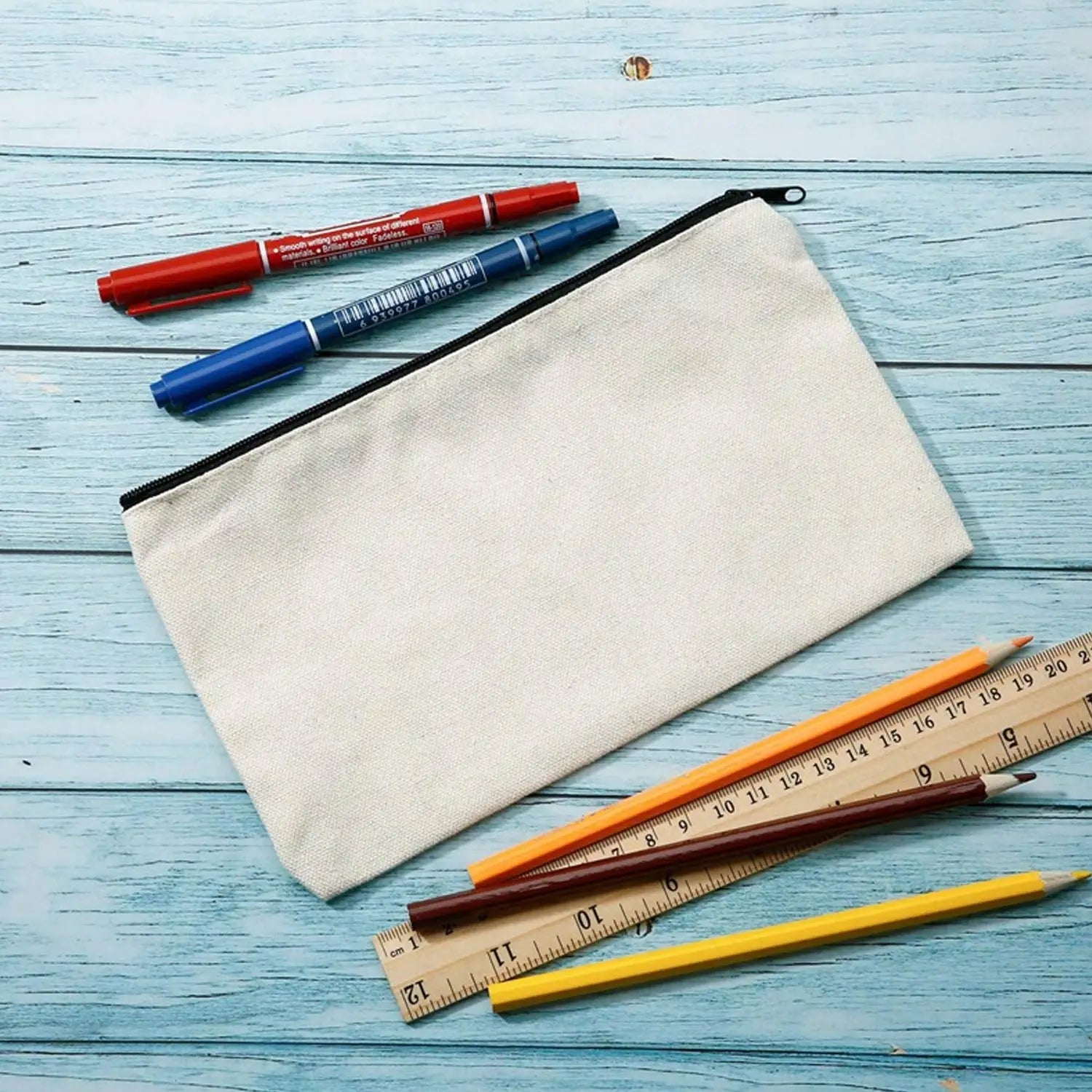 10pcs Blank Beige Diy Craft Bag Canvas Pencil Case Makeup Bags Zipper Pencil Bag Cosmetic Pouch Student Stationery Supplies Oasis Select